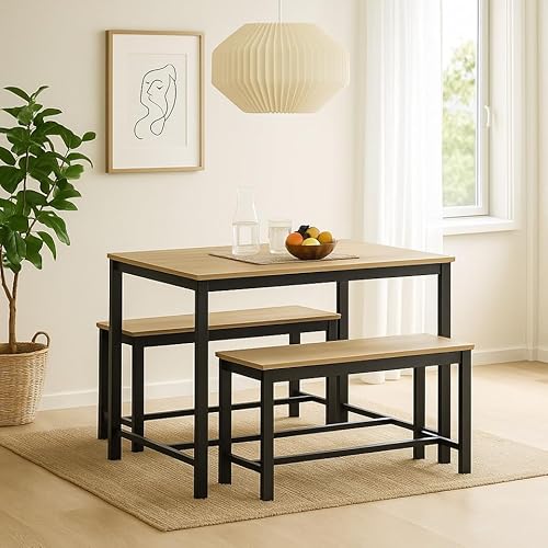 URBNLIVING 3-teiliges Esstisch Set - Holztisch mit stabilem Metallgestell & 2 Bänken - Platzsparende Möbel für Küche, Esszimmer oder Wohnbereich - Eiche URBNLIVING 3-teiliges Esstisch Set - Holztisch mit stabilem Metallgestell & 2 Bänken - Platzsparende Möbel für Küche, Esszimmer oder Wohnbereich - Eiche von URBNLIVING