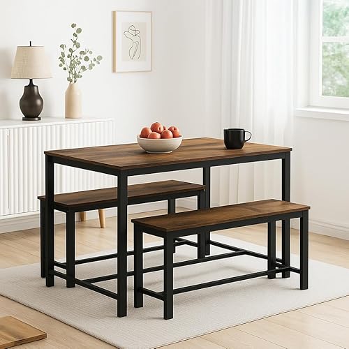 URBNLIVING 3-teiliges Esstisch Set - Holztisch mit stabilem Metallgestell & 2 Bänken - Platzsparende Möbel für Küche, Esszimmer oder Wohnbereich - Rustikales Braun URBNLIVING 3-teiliges Esstisch Set - Holztisch mit stabilem Metallgestell & 2 Bänken - Platzsparende Möbel für Küche, Esszimmer oder Wohnbereich - Rustikales Braun von URBNLIVING