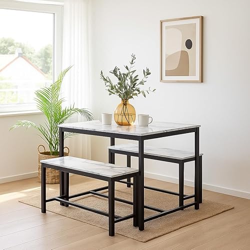 URBNLIVING 3-teiliges Esstisch Set - Holztisch mit stabilem Metallgestell & 2 Bänken - Platzsparende Möbel für Küche, Esszimmer oder Wohnbereich - Weißer Marmor URBNLIVING 3-teiliges Esstisch Set - Holztisch mit stabilem Metallgestell & 2 Bänken - Platzsparende Möbel für Küche, Esszimmer oder Wohnbereich - Weißer Marmor von URBNLIVING