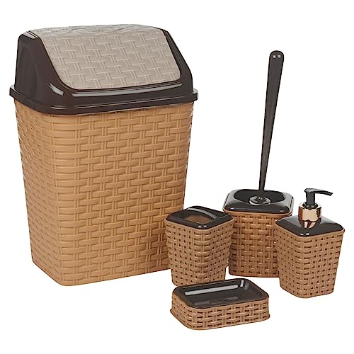 URBNLIVING 5-teiliges Rattan-Set für Badezimmer, Toilettenschüssel, Bürste, Zahnbürste, Seifenspender, Halter (cremefarben) von URBNLIVING