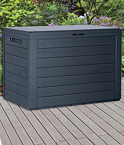 URBNLIVING Anthrazit 190L Holz Design Outdoor Aufbewahrungsbox Garten Terrasse Kunststoff Truhe Deckel (Horizontale Streifen, 1 Stück) von URBNLIVING