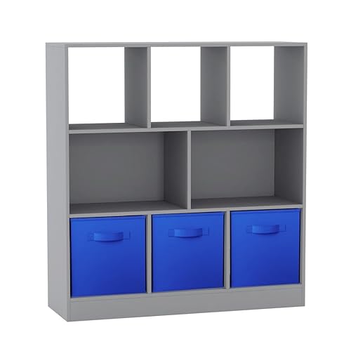 URBNLIVING Asymmetrisches Bücherregal mit 8 Würfeln, Aufbewahrungseinheit mit 3 grauen Stoffschubladeneinsätzen – Moderner Organizer & Vitrine für Zuhause oder Büro – Dunkelblau von URBNLIVING