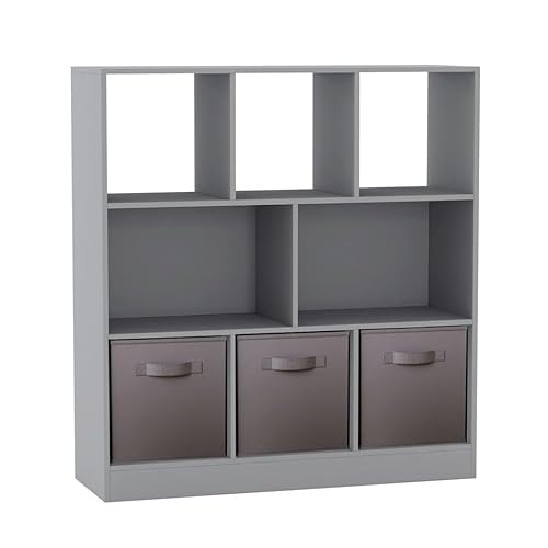 URBNLIVING Asymmetrisches Bücherregal mit 8 Würfeln, Aufbewahrungseinheit mit 3 grauen Stoffschubladeneinsätzen – Moderner Organizer & Vitrine für Zuhause oder Büro – Grau von URBNLIVING