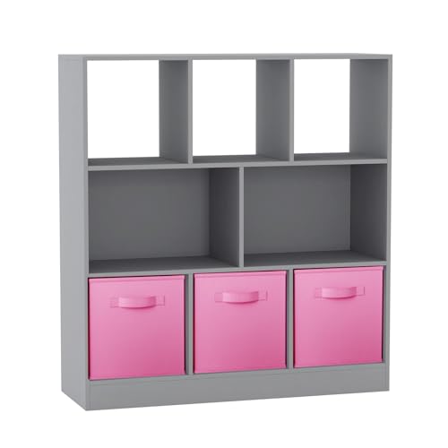 URBNLIVING Asymmetrisches Bücherregal mit 8 Würfeln, Aufbewahrungseinheit mit 3 grauen Stoffschubladeneinsätzen – Moderner Organizer & Vitrine für Zuhause oder Büro – Hellrosa von URBNLIVING