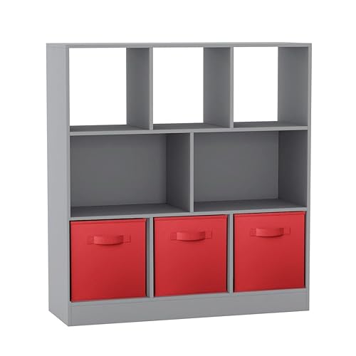 URBNLIVING Asymmetrisches Bücherregal mit 8 Würfeln, Aufbewahrungseinheit mit 3 grauen Stoffschubladeneinsätzen – Moderner Organizer & Vitrine für Zuhause oder Büro – Rot von URBNLIVING