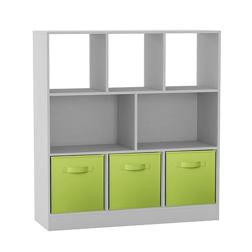 URBNLIVING Asymmetrisches Bücherregal mit 8 Würfeln, Aufbewahrungseinheit mit 3 grauen Stoffschubladeneinsätzen – moderner Organizer & Vitrine für Zuhause oder Büro – Grün von URBNLIVING