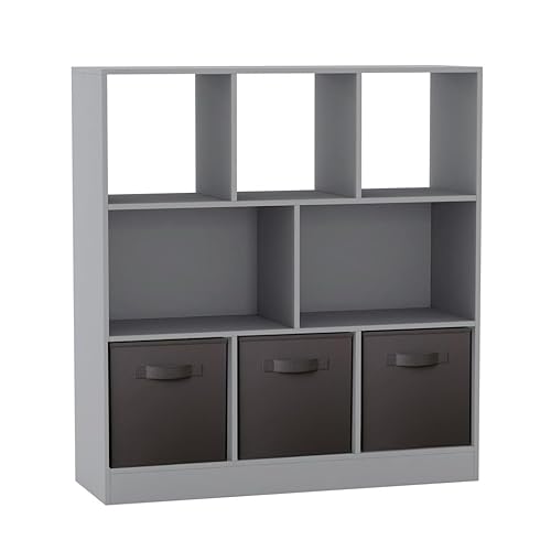 URBNLIVING Asymmetrisches Bücherregal mit 8 Würfeln, Aufbewahrungseinheit mit 3 grauen Stoffschubladeneinsätzen – moderner Organizer & Vitrine für Zuhause oder Büro – Schwarz von URBNLIVING