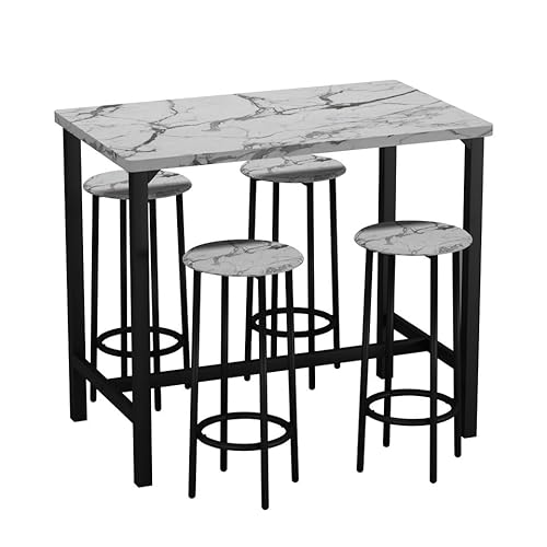 URBNLIVING CANCUN Bartisch und Hocker Set – Industrieküche Esszimmer Frühstück Thekenmöbel mit 2 oder 4 Stühlen, platzsparendes Design für Zuhause & kleine Räume – 5-teilig – weißer Marmor von URBNLIVING