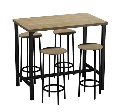 URBNLIVING CANCUN Bartisch und Hocker Set – Industrielle Küche Esszimmer Frühstück Thekenmöbel mit 2 oder 4 Stühlen, platzsparendes Design für Zuhause & kleine Räume – 5-teilig – Eiche von URBNLIVING