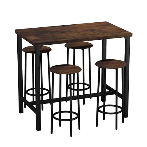URBNLIVING CANCUN Bartisch und Hocker Set - Industrielle Küche Esszimmer Frühstück Thekenmöbel mit 2 oder 4 Stühlen, platzsparendes Design für Zuhause & kleine Räume - 5-teilig - Rustikales Braun von URBNLIVING