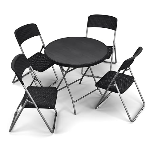 URBNLIVING Klapptisch und Stühle im Rattan-Look, rund, für den Garten, Bistro, Terrassenmöbel, Kunststoff, Holzoptik, komplett montiert, Set beinhaltet 2 oder 4 Klappstühle von URBNLIVING