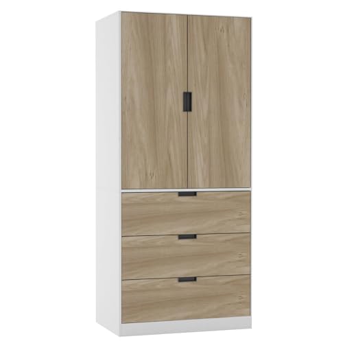 URBNLIVING Moderner 2-türiger Kleiderschrank mit 3 Schubladen und Kleiderstange, stilvolle, freistehende Aufbewahrung, geräumiger Innenraum, langlebige Spanplatte, einfach zu montierende URBNLIVING Moderner 2-türiger Kleiderschrank mit 3 Schubladen und Kleiderstange, stilvolle, freistehende Aufbewahrung, geräumiger Innenraum, langlebige Spanplatte, einfach zu montierende von URBNLIVING