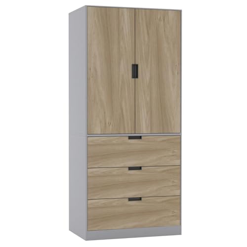 URBNLIVING Moderner 2-türiger Kleiderschrank mit 3 Schubladen und Kleiderstange, stilvolle, freistehende Aufbewahrung, geräumiger Innenraum, langlebige Spanplatte, einfach zu montierende URBNLIVING Moderner 2-türiger Kleiderschrank mit 3 Schubladen und Kleiderstange, stilvolle, freistehende Aufbewahrung, geräumiger Innenraum, langlebige Spanplatte, einfach zu montierende von URBNLIVING