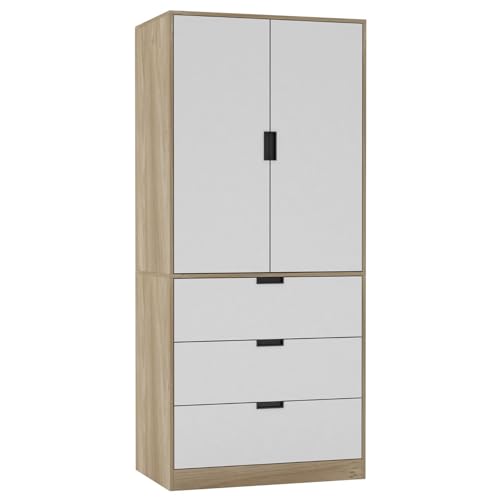 URBNLIVING Moderner 2-türiger Kleiderschrank mit 3 Schubladen und Kleiderstange, stilvolle, freistehende Aufbewahrung, geräumiger Innenraum, langlebige Spanplatte, einfach zu montierende URBNLIVING Moderner 2-türiger Kleiderschrank mit 3 Schubladen und Kleiderstange, stilvolle, freistehende Aufbewahrung, geräumiger Innenraum, langlebige Spanplatte, einfach zu montierende von URBNLIVING