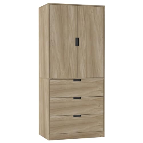 URBNLIVING Moderner 2-türiger Kleiderschrank mit 3 Schubladen und Kleiderstange, stilvolle, freistehende Aufbewahrung, geräumiger Innenraum, langlebige Spanplatte, einfach zu montierende URBNLIVING Moderner 2-türiger Kleiderschrank mit 3 Schubladen und Kleiderstange, stilvolle, freistehende Aufbewahrung, geräumiger Innenraum, langlebige Spanplatte, einfach zu montierende von URBNLIVING