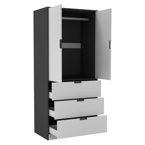 URBNLIVING Moderner 2-türiger Kleiderschrank mit 3 Schubladen und Kleiderstange, stilvolle, freistehende Aufbewahrung, geräumiger Innenraum, langlebige Spanplatte, einfach zu montierende URBNLIVING Moderner 2-türiger Kleiderschrank mit 3 Schubladen und Kleiderstange, stilvolle, freistehende Aufbewahrung, geräumiger Innenraum, langlebige Spanplatte, einfach zu montierende von URBNLIVING