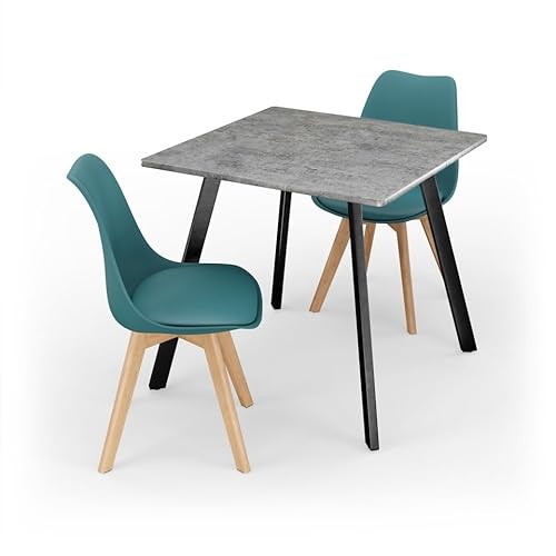 URBNLIVING Moderner Esstisch mit 2 Tulpenstühlen – gepolsterte Sitze und Beine aus Buchenholz – kompaktes Esszimmer-Set für Küche oder kleine Räume, Betontisch & Ozeanstuhl von URBNLIVING