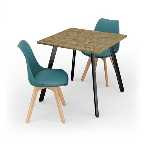 URBNLIVING Moderner Esstisch mit 2 Tulpenstühlen – gepolsterte Sitze und Beine aus Buchenholz – kompaktes Esszimmer-Set für Küche oder kleine Räume, Eichentisch & Ozeanstuhl von URBNLIVING