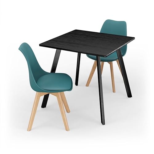 URBNLIVING Moderner Esstisch mit 2 Tulpenstühlen – gepolsterte Sitze und Beine aus Buchenholz – kompaktes Esszimmer-Set für Küche oder kleine Räume, schwarzer Holztisch & Ozeanstuhl von URBNLIVING