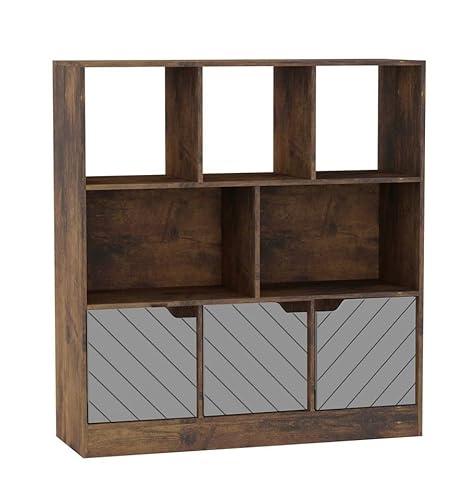 URBNLIVING Rustikales braunes Asymmetrisches Bücherregal mit 8 Würfeln – freistehende Aufbewahrungseinheit mit 3 Türen – Türen im Linien-Design – Grau URBNLIVING Rustikales braunes Asymmetrisches Bücherregal mit 8 Würfeln – freistehende Aufbewahrungseinheit mit 3 Türen – Türen im Linien-Design – Grau von URBNLIVING