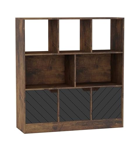 URBNLIVING Rustikales braunes Asymmetrisches Bücherregal mit 8 Würfeln – freistehende Aufbewahrungseinheit mit 3 Türen – Türen im Linien-Design – Schwarz URBNLIVING Rustikales braunes Asymmetrisches Bücherregal mit 8 Würfeln – freistehende Aufbewahrungseinheit mit 3 Türen – Türen im Linien-Design – Schwarz von URBNLIVING