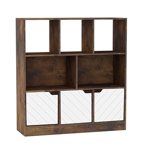 URBNLIVING Rustikales braunes Asymmetrisches Bücherregal mit 8 Würfeln – freistehende Aufbewahrungseinheit mit 3 Türen – Türen im Linien-Design – Weiß von URBNLIVING