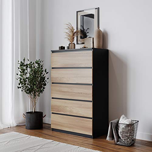 URBNLIVING Skagen Kommode aus Holz mit 4 oder 5 Schubladen, ohne Griff, Aufbewahrungsschrank modern (schwarzer Korpus + Eichen-Schubladen, 5 Schubladen) von URBNLIVING
