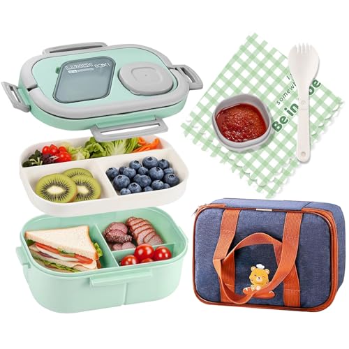 URBZUE Brotdose Kinder mit Fächern, 1200ml Lunch Bento Box mit Lunchtasche Premium Jausenbox Lunchbox Eerwachsene Alles-in-einem Brotdosen Kindergarten, 2 Schichten, 3 Fächern pro Schicht von URBZUE