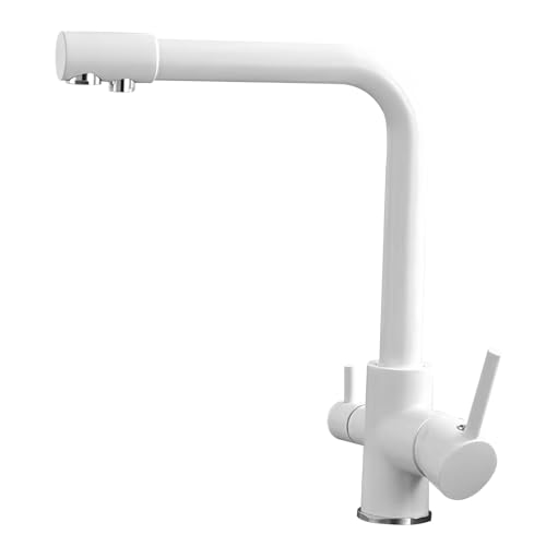 3 Wege Wasserhahn Küche, 3 in 1 Mischbatterie für Wasserfilter, 360° Drehbar Küchenarmatur aus Zinkplattiertes Kupfer, 2 Hebel Trinkwasserhahn, mit Schlauches 60 cm, für Küchenspüle (Weiß) von URCheers
