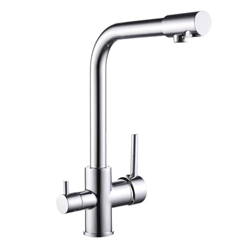 3 Wege Wasserhahn Küche, 3 in 1 Mischbatterie für Wasserfilter, 360° Drehbar Küchenarmatur aus Zinkplattiertes Kupfer, 2 Hebel Trinkwasserhahn, mit Schlauches 60 cm, für Küchenspüle (Chromsilber) von URCheers