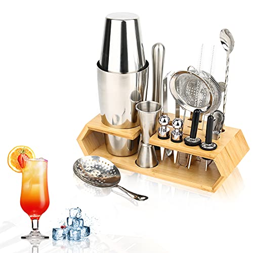 Cocktail Shaker Set, 17-teiliges Barkeeper-Set aus Edelstahl mit Acryl-Bambusständer, für Barkeeper Home Bar Drink Mixing Tools Set (Boston) von URCheers