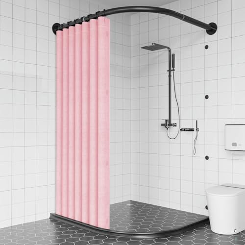 Duschstangen-Set, Gebogene Duschvorhangstange + Wasserdichter Duschvorhang & Wasserrückhaltestreifen, Verstellbare Edelstahl-Wand-Vorhangstangen-Set, Trocken- und Nasstrennung (B) von URCheers