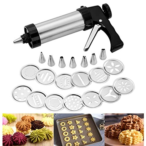 Gebäckpresse, Gebäckspritze Edelstahl Formenbauer Backset Dekorationsmaschine Zuckergussmaschine für Kuchen Kekse DIY, 13 Schablonen, 8 Tüllen von URCheers