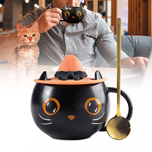 Süße Katzen-Design-Kaffeetasse mit Katzendeckel einzigartige Keramik-Keramik-Teetasse Kaffeetasse mit Hexenhut-Deckel und Löffel für Katzenliebhaber von URCheers