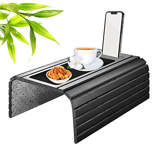 URCheers Sofa Armlehne Ablage, Anti-Rutsch Bambus Getränkehalter in Schwarz - Couch Tablett flexibel mit Pad für die Armlehnen von URCheers