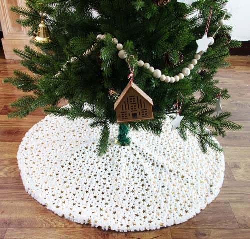 URCheers Stern Weihnachtsbaum Abdeckungen, Weihnachtsbaum gestrickte Rock Dekoration, Weihnachtsbaum Rundrock Weihnachtsbaum Rock, 90cm Plüsch Weihnachtsbaum Rock Teppich (Stern Weiß) von URCheers