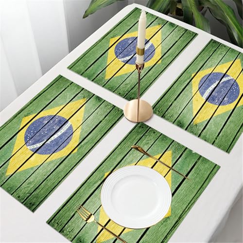 UREJD Tischsets Abwaschbar 4 Set,Vinyl Platzsets Abwaschbar für küche Speisetisch Hotel,Kaffeehaus,Festsaal,Platz-Matten,Brasilien Flagge auf altem Holz Hintergrund gemalt,30x45cm von UREJD