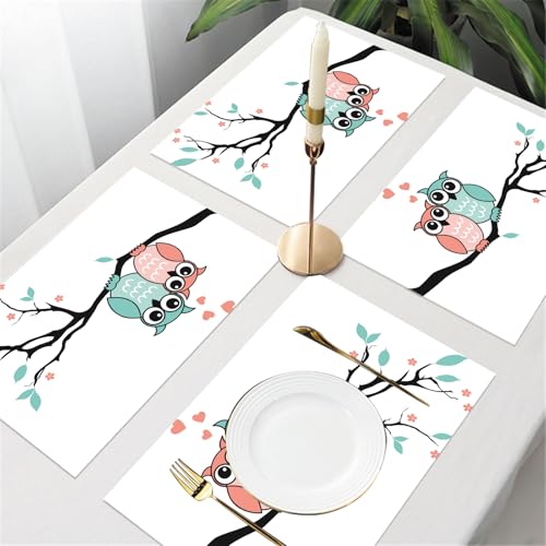 UREJD Tischsets Abwaschbar 4 Set,Vinyl Platzsets Abwaschbar für küche Speisetisch Hotel,Kaffeehaus,Festsaal,Platz-Matten,Eule mit Herzen auf einem AST,30x45cm von UREJD