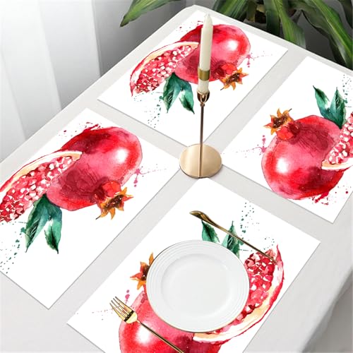 UREJD Tischsets Abwaschbar 4 Set,Vinyl Platzsets Abwaschbar für küche Speisetisch Hotel,Kaffeehaus,Festsaal,Platz-Matten,Frucht, Granatapfel, handgezeichnet, Aquarell-Stil,30x45cm von UREJD