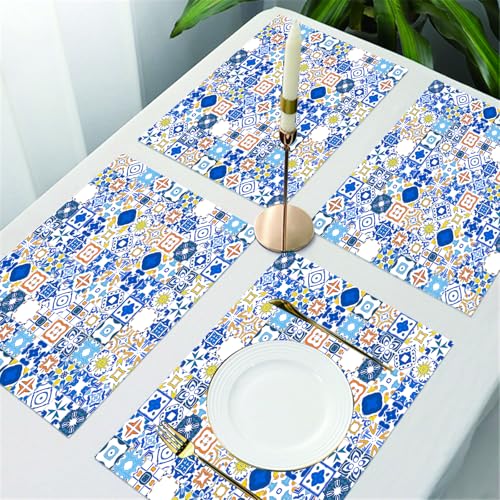 UREJD Tischsets Abwaschbar 4 Set,Vinyl Platzsets Abwaschbar für küche Speisetisch Hotel,Kaffeehaus,Festsaal,Platz-Matten,Gelb und Blau, Mosaik Portugiesisch Azulejo Mediterran Arabesque Überw,30x45cm UREJD Tischsets Abwaschbar 4 Set,Vinyl Platzsets Abwaschbar für küche Speisetisch Hotel,Kaffeehaus,Festsaal,Platz-Matten,Gelb und Blau, Mosaik Portugiesisch Azulejo Mediterran Arabesque Überw,30x45cm von UREJD