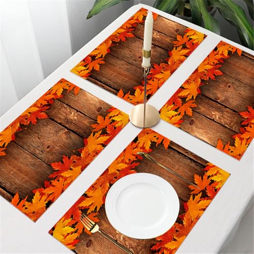 UREJD Tischsets Abwaschbar 4 Set,Vinyl Platzsets Abwaschbar für küche Speisetisch Hotel,Kaffeehaus,Festsaal,Platz-Matten,Herbst, trockene Blätter verschüttet auf Holz rustikalen Hütte Hütte B,30x45cm von UREJD