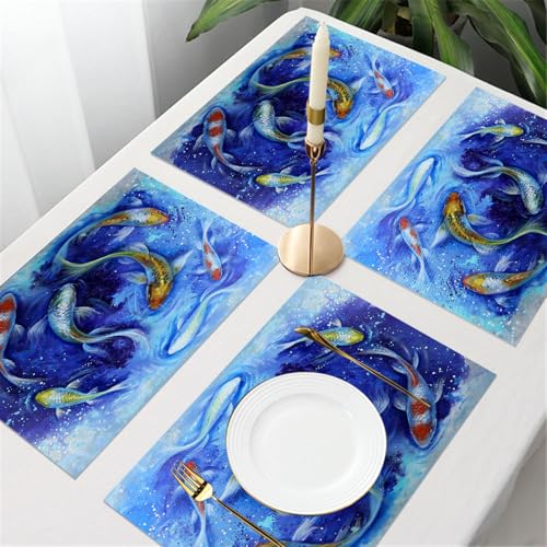 UREJD Tischsets Abwaschbar 4 Set,Vinyl Platzsets Abwaschbar für küche Speisetisch Hotel,Kaffeehaus,Festsaal,Platz-Matten,Japanischer Koi-Fisch. Ölgemälde auf Leinwand.,30x45cm von UREJD