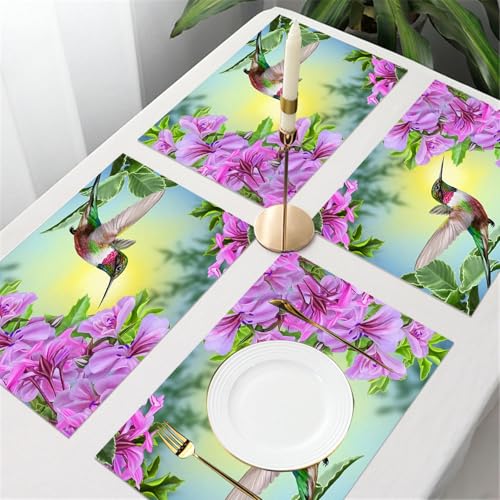 UREJD Tischsets Abwaschbar 4 Set,Vinyl Platzsets Abwaschbar für küche Speisetisch Hotel,Kaffeehaus,Festsaal,Platz-Matten,Kleiner Vogel Kolibri auf einem Hintergrund aus rosa Blüten und grünen,30x45cm von UREJD