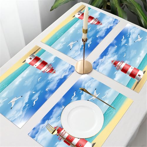 UREJD Tischsets Abwaschbar 4 Set,Vinyl Platzsets Abwaschbar für küche Speisetisch Hotel,Kaffeehaus,Festsaal,Platz-Matten,Leuchtturm am Strand,30x45cm von UREJD