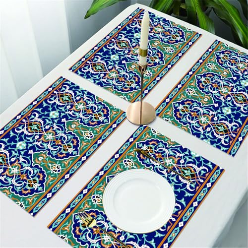 UREJD Tischsets Abwaschbar 4 Set,Vinyl Platzsets Abwaschbar für küche Speisetisch Hotel,Kaffeehaus,Festsaal,Platz-Matten,Marokkanisches, ethnisch-orientalisches Stil, Figuren und Blütenblätte,30x45cm von UREJD