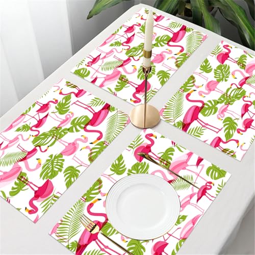 UREJD Tischsets Abwaschbar 4 Set,Vinyl Platzsets Abwaschbar für küche Speisetisch Hotel,Kaffeehaus,Festsaal,Platz-Matten,Muster mit rosa Flamingo und grünen Palmenblättern.,30x45cm von UREJD