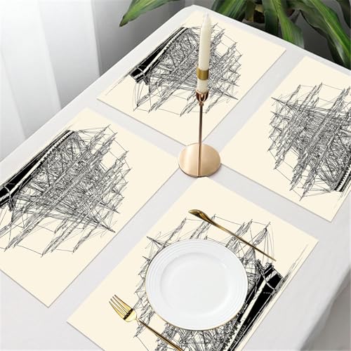 UREJD Tischsets Abwaschbar 4 Set,Vinyl Platzsets Abwaschbar für küche Speisetisch Hotel,Kaffeehaus,Festsaal,Platz-Matten,Piratenschiff, Segelboot detaillierte Darstellung nautischen maritimen,30x45cm von UREJD