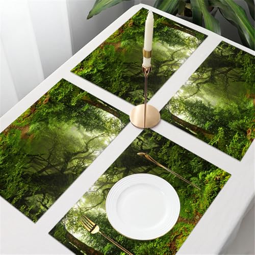UREJD Tischsets Abwaschbar 4 Set,Vinyl Platzsets Abwaschbar für küche Speisetisch Hotel,Kaffeehaus,Festsaal,Platz-Matten,Regenwald-Set, Wald in Nepal, touristische Trekking-Zweige, Nebelstraß,30x45cm von UREJD