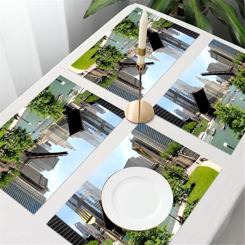UREJD Tischsets Abwaschbar 4 Set,Vinyl Platzsets Abwaschbar für küche Speisetisch Hotel,Kaffeehaus,Festsaal,Platz-Matten,USA, Innenstadt von Chicago Illinois Finance Business Center Lake Mich,30x45cm von UREJD