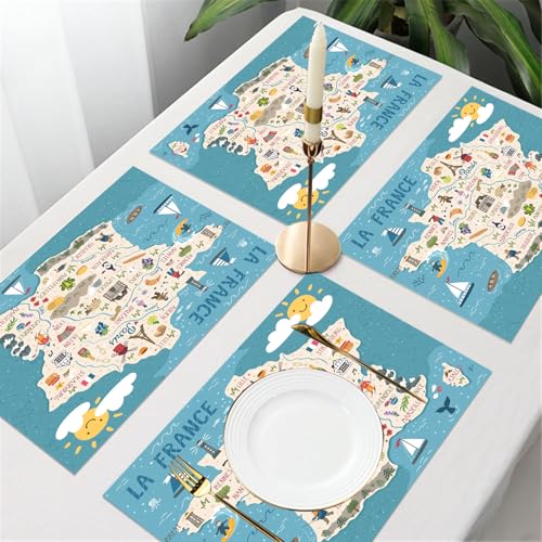 UREJD Tischsets Abwaschbar 4 Set,Vinyl Platzsets Abwaschbar für küche Speisetisch Hotel,Kaffeehaus,Festsaal,Platz-Matten,Vektorstilisierte Karte von Frankreich. Reiseillustration mit französi,30x45cm von UREJD